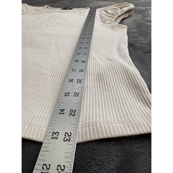 J.Crew Womens Vintage Rib T-shirt Cotton Poplin Puff Sleeves L Cream Modal Blend - Picture 8 of 8